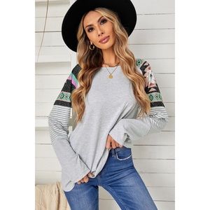 Gray Boho Aztec Chevron Shoulder Long Sleeve Tee .